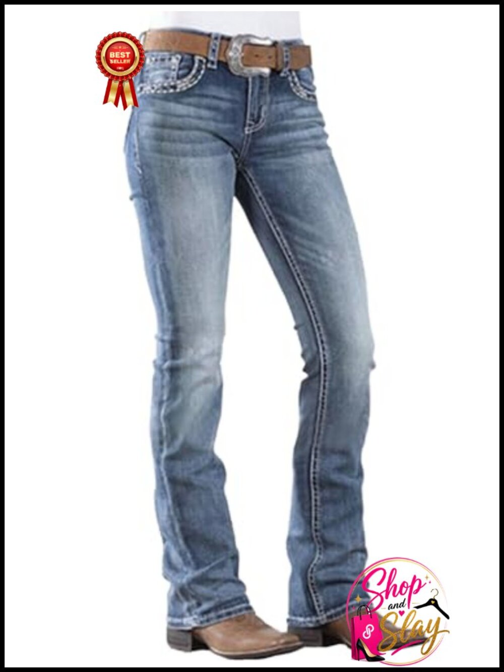 Mid Rise Bootcut Jeans Western Stretchy Straight Leg Denim Pants